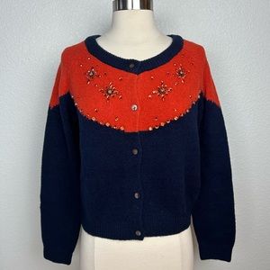 iRoo Women's Dark Navy Orange Button Down Cardigan With Rhinestone Size 40/M NWT